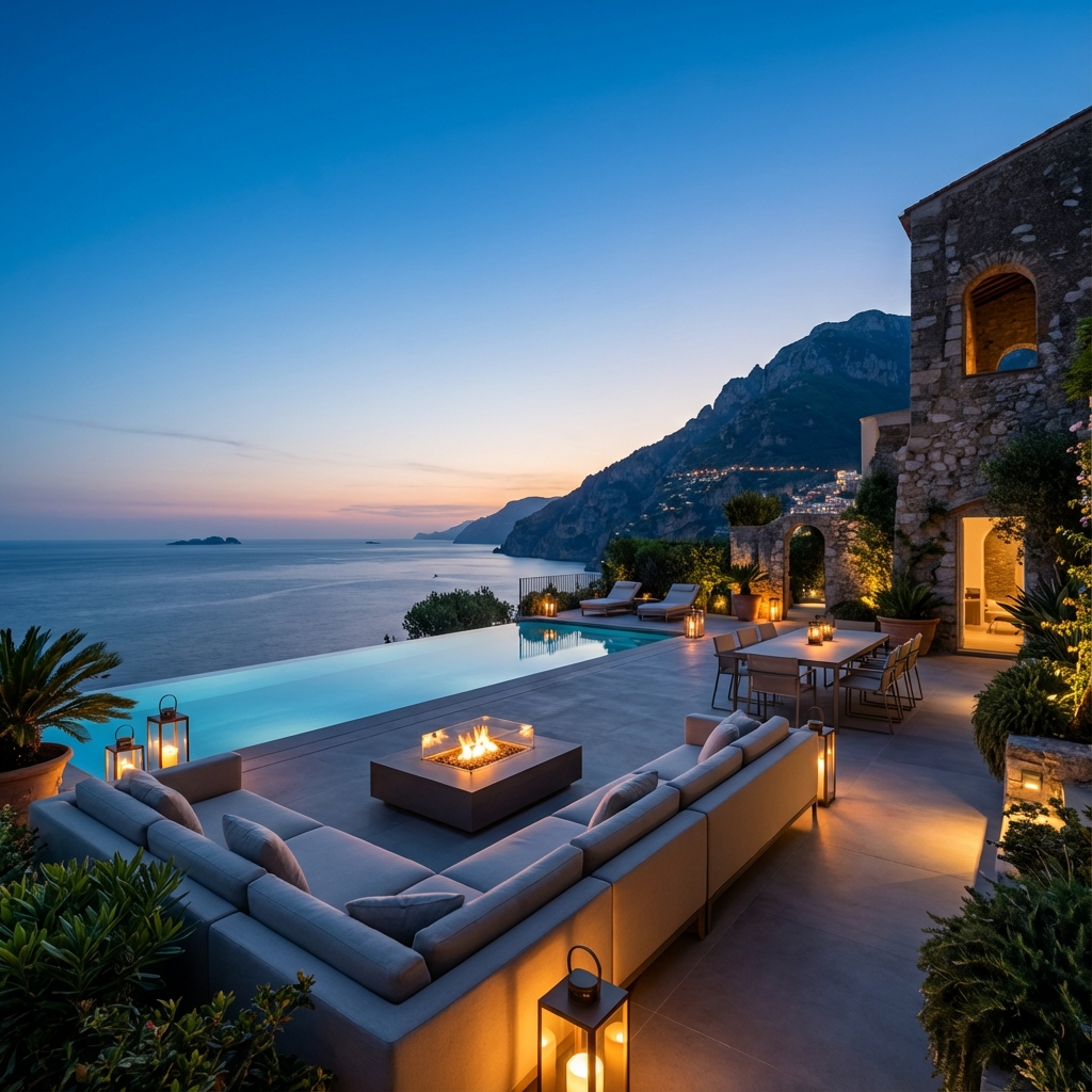 Twilight terrace overlooking the ocean